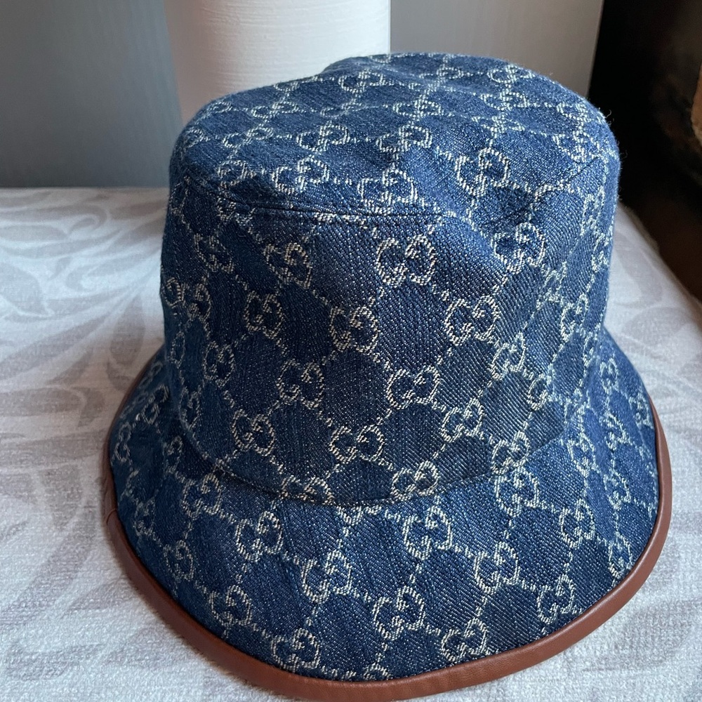 Gucci Denim Bucket Hat with Leather Trim